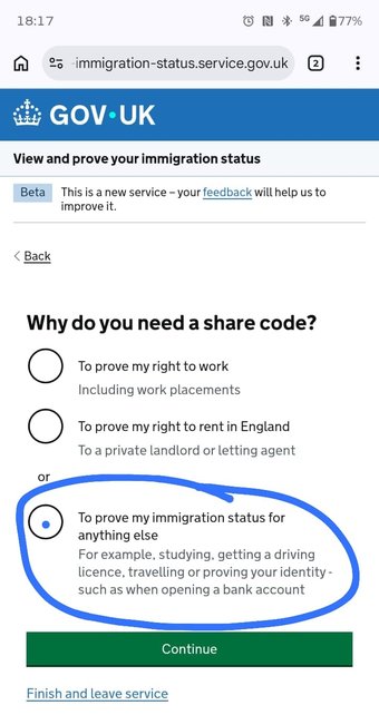 GOV.UK screen: choose 'To prove my immigration status for anything else'